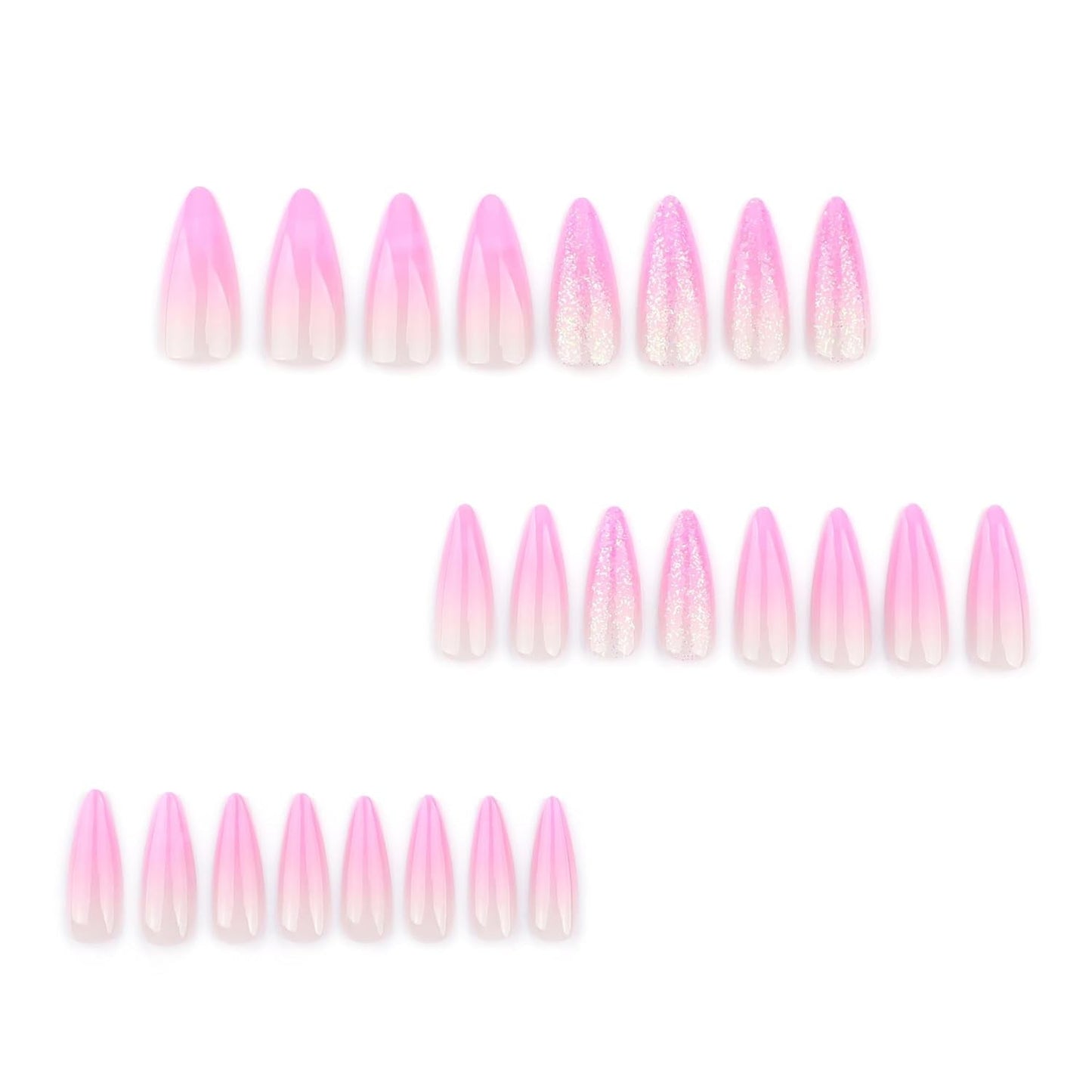 Moonglow Lange Negle Stiletto Mælkehvid Pink Gradient Glitter Cool falske negle med lim Pink Ombre Glitter Kunstige negle