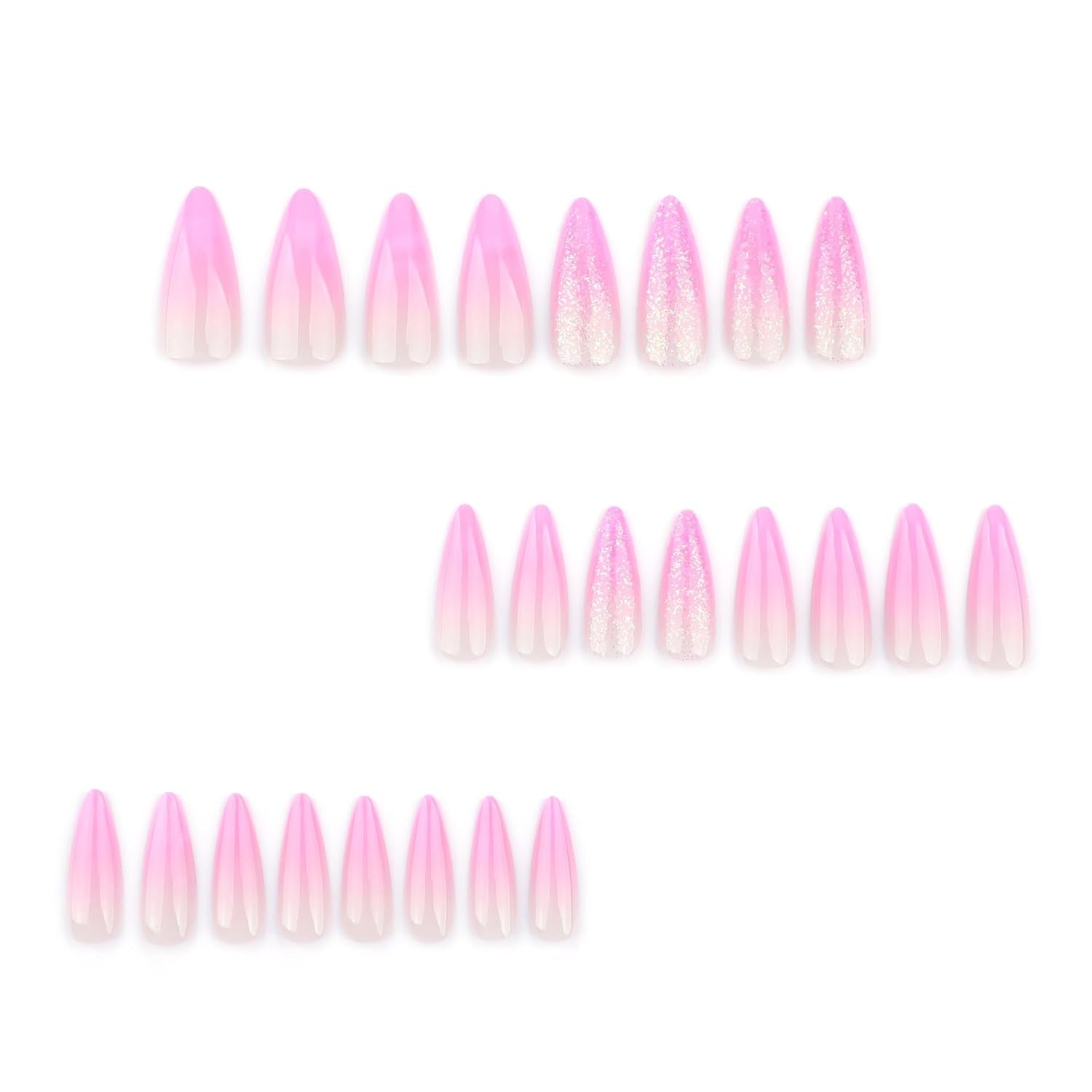 Moonglow Lange Negle Stiletto Mælkehvid Pink Gradient Glitter Cool falske negle med lim Pink Ombre Glitter Kunstige negle