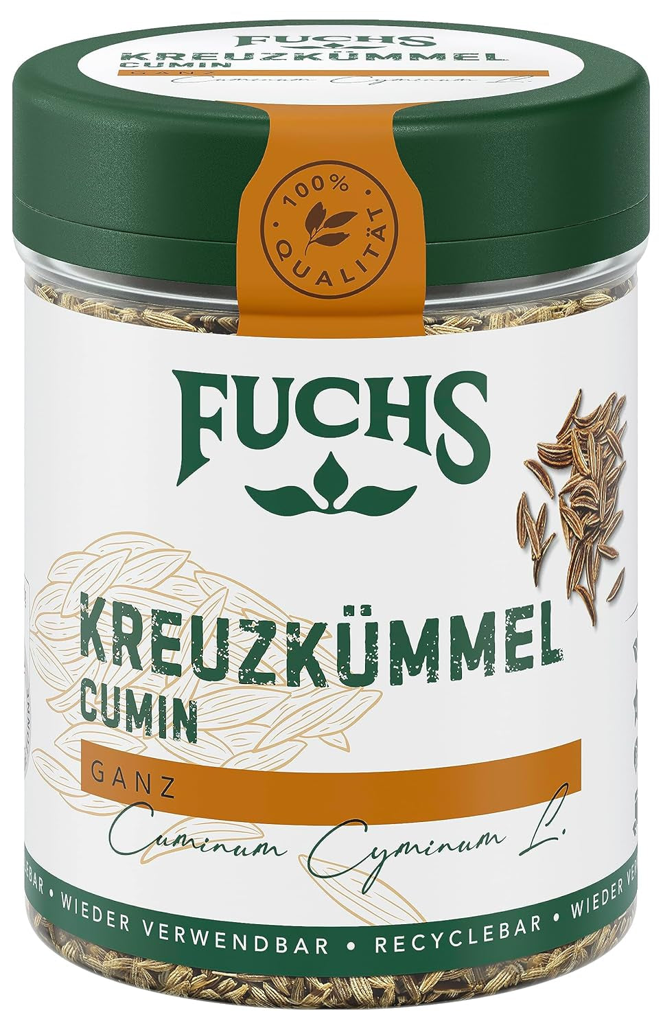 Fuchs Gewürze - Kreuzkümmel ganz - orientalisch-nussige Note für Falafel und Linsengerichte - naturlige ingredienser - 60 g i wiederverwendbarer, genbrugsbarer Dosis