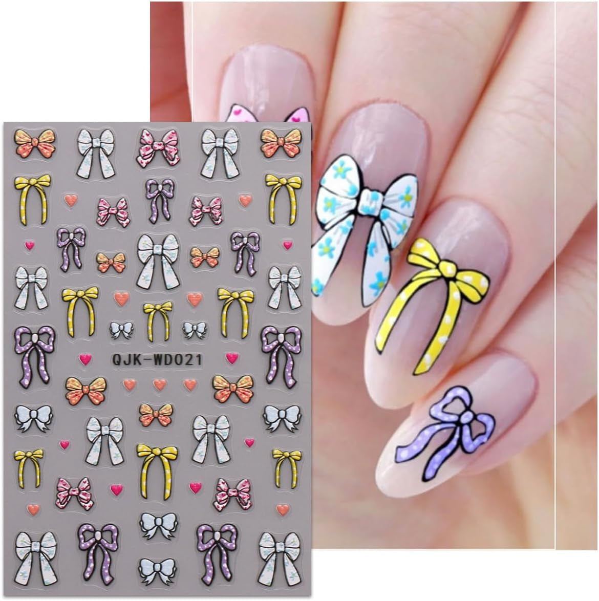 JMEOWIO Nagelsticker Bunte Herz Schleife 6 Blad Neglekunstklistermærke Selbstklebend Nagelaufkleber Dekoration Nageldesign Zubehör