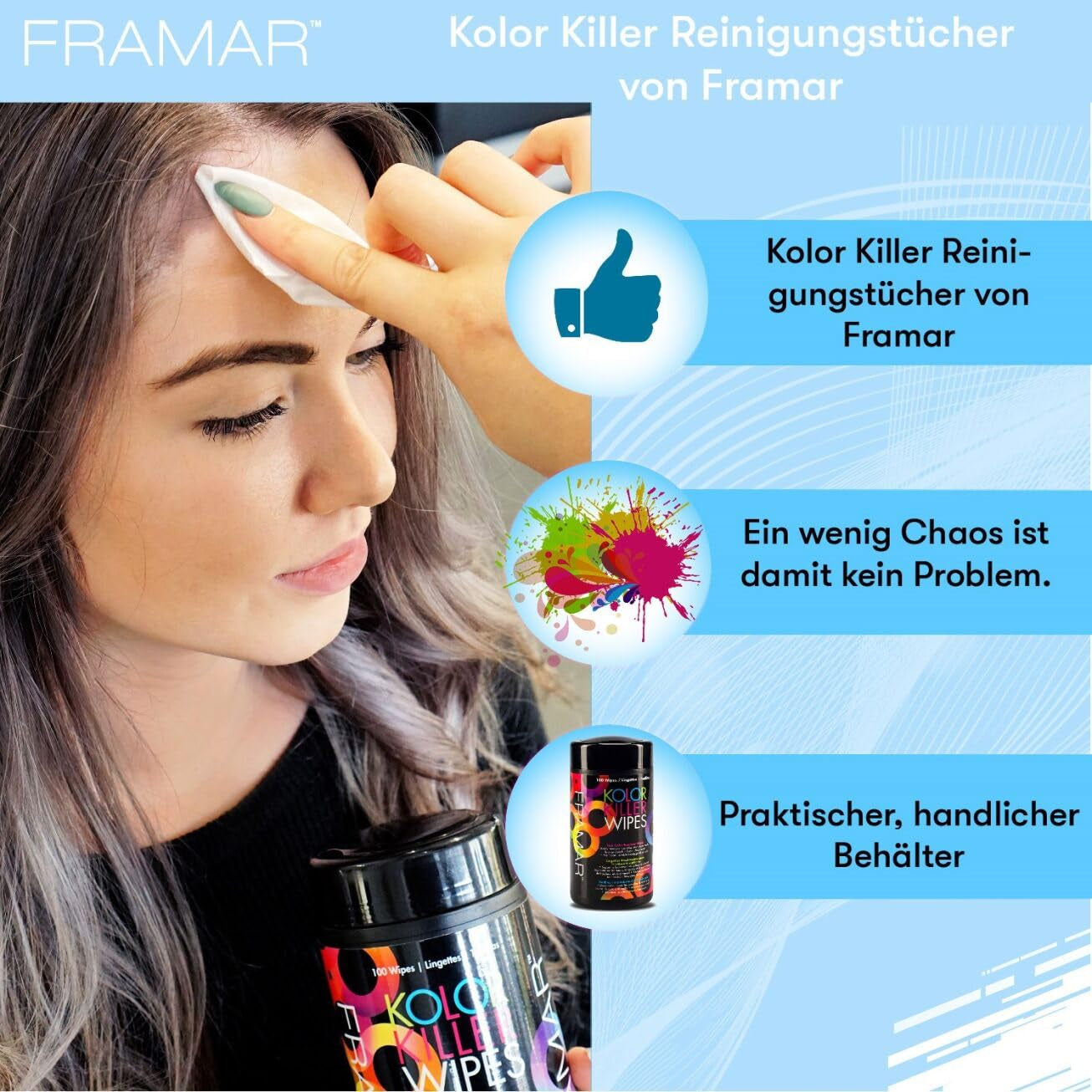 FRAMAR Remover til farvet hår - Remover til farvet hår, Remover til farvet hår, Remover til farvet hår, Tilbehør til farvning af hår, Remover til farvet hår, Remover til farvet hår - 100 servietter Hårfarve Naty Shop