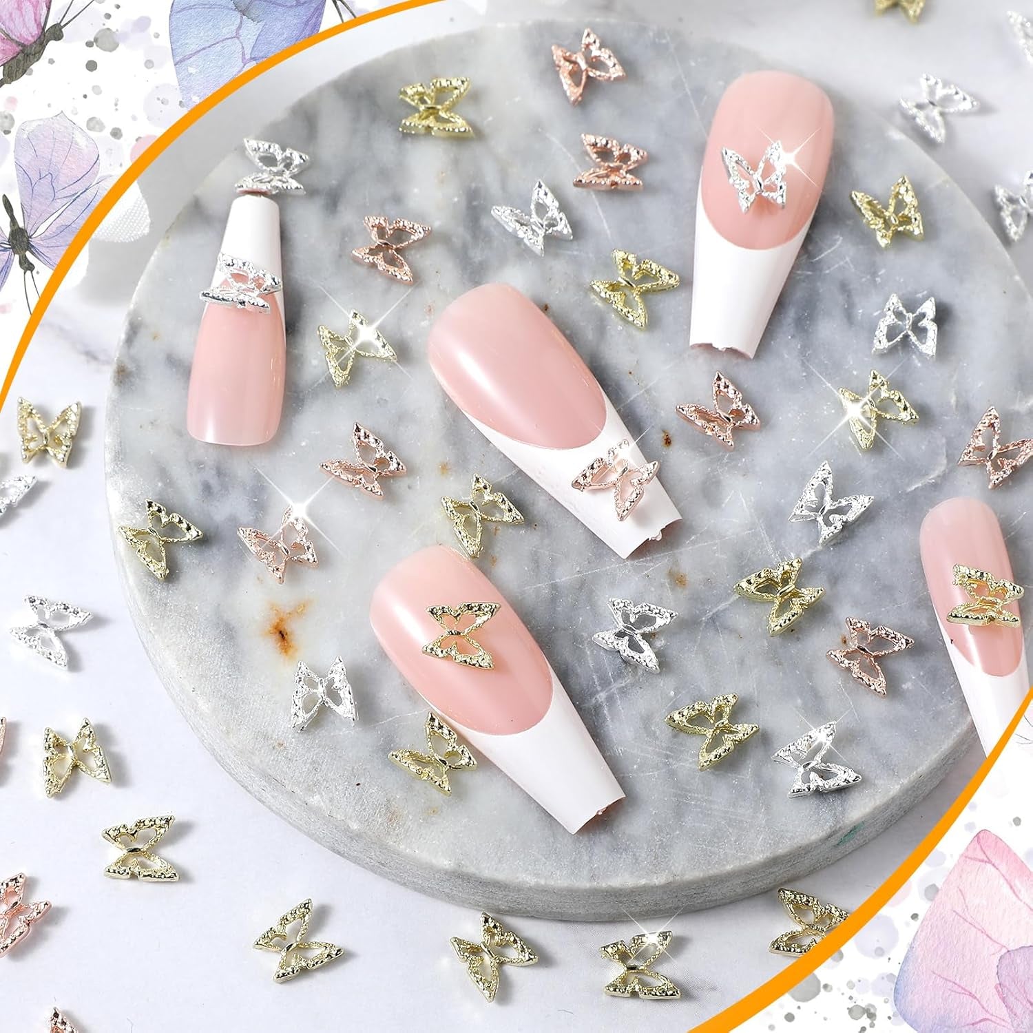 80 stk 3D Butterfly Nail Charms Legering Sommerfugl Guld Sølv Glitter Negle Art Decorations Negle Smykker Tilbehør DIY Manicure til kvinder
