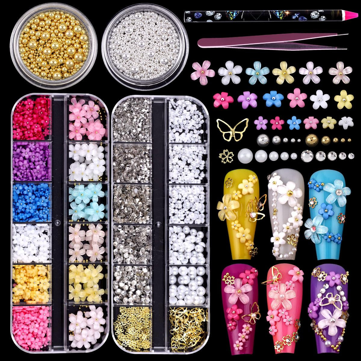 GZMAYUEN 920 stk Guld Sølv Flatback Perlen Für Nägel, Halbrunde Weiße Beige Nail Perlen, Kleine Halbrunde Flatback Perlen Für DIY Nail Art Decor