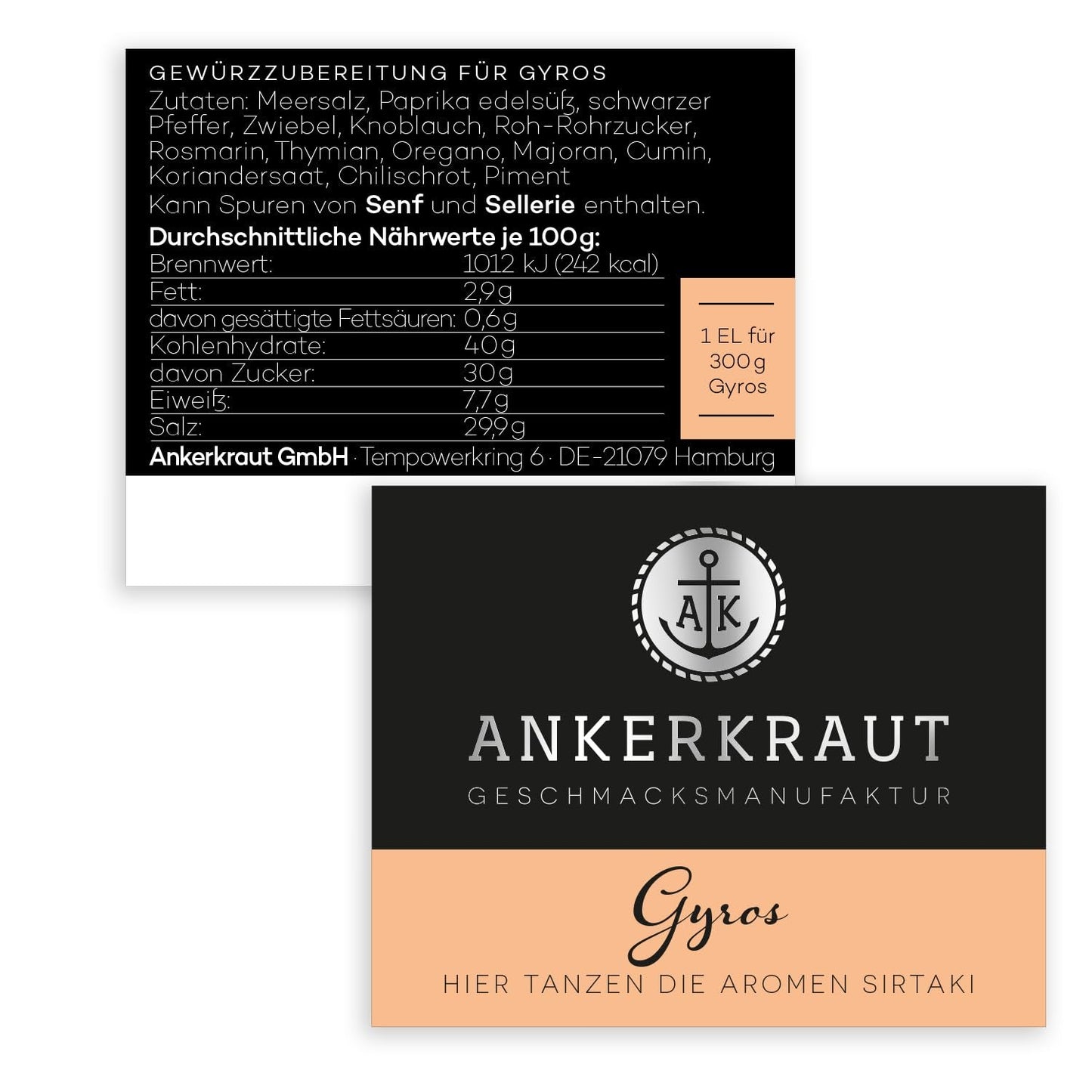 Ankerkraut Gyros, Gewürzmischung für Gyros, egal ob aus der Pfanne oder vom Grill, mit Zwiebel, Knoblauch, Merian, Spidskommen, Piment og mehr, 80 g im Korkenglas