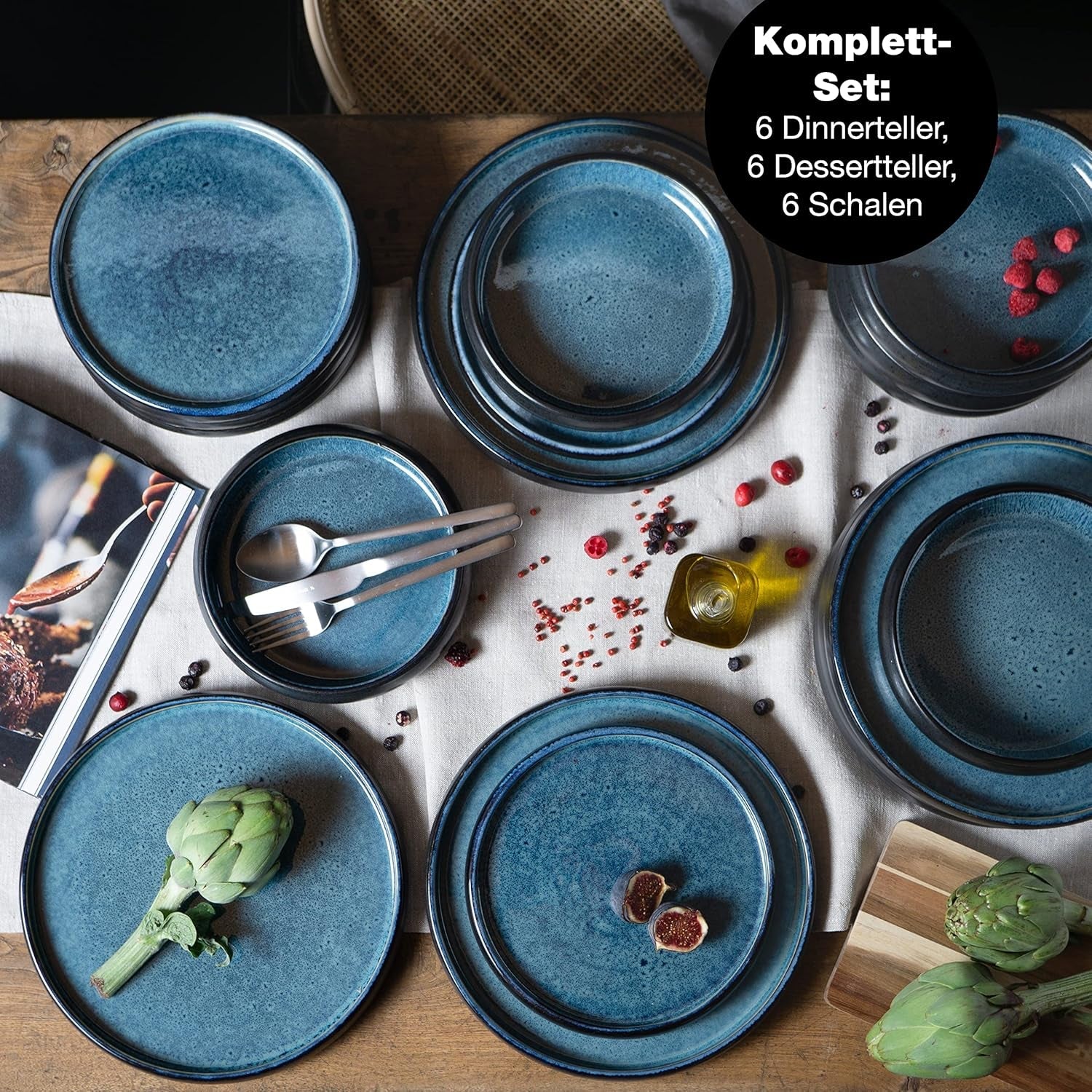 Moritz & Moritz SOLID 18-delt spisestel i stentøj til 6 - porcelænssæt til 6, bestående af 6 middagstallerkener, 6 sidetallerkener og 6 middagstallerkener