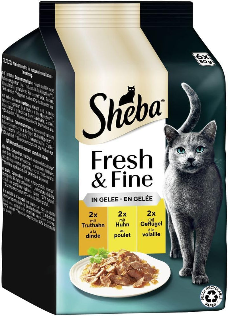 Sheba-portionsposer våd kattefoder, frisk og fin kalkun- og kyllinggelé Multipakke, 6x6x50 g - Kalkun- og kyllinggelé af høj kvalitet til kattemad