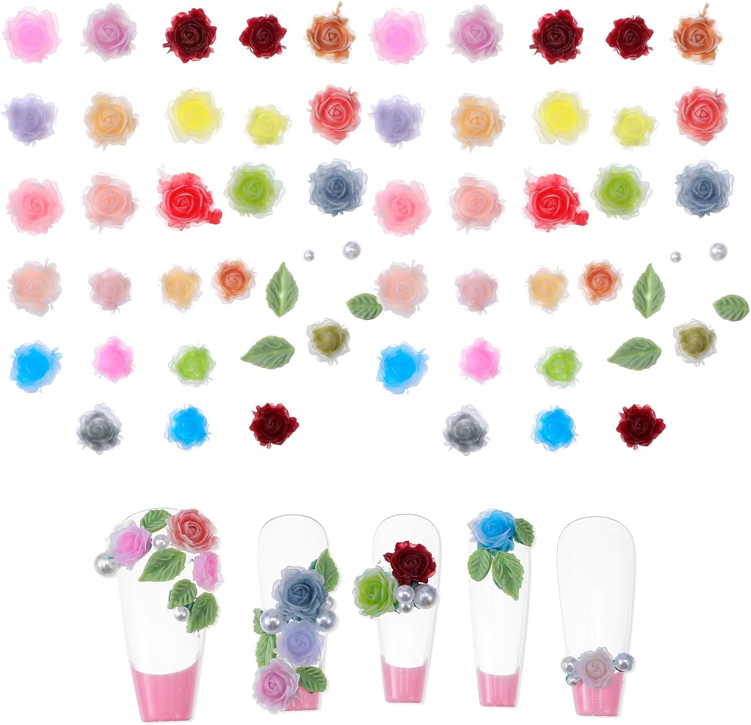 300 Stück Niedlich Blume Nail Charms, 3D Resin Blomster Camelie Rose Nägel Charms Mit Perle, Gemischt Größe Bunte Flower Nägel Deko Für Frauen Nail Art Zubehör