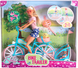 Steffi Love Bike Trailer, Dukke på cykel med trailer til baby, hund og hovedtelefoner, 3 år og opefter