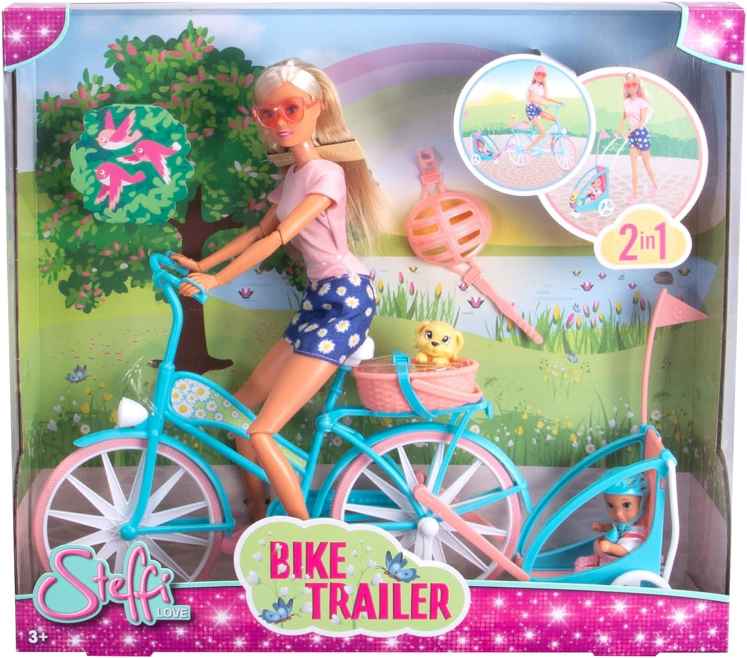 Steffi Love Bike Trailer, Dukke på cykel med trailer til baby, hund og hovedtelefoner, 3 år og opefter