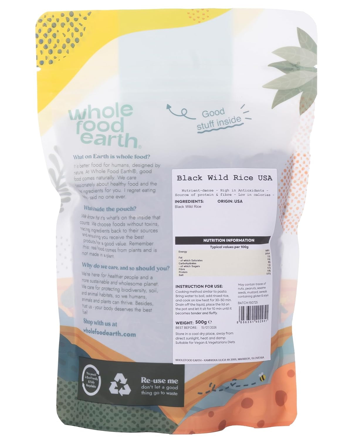Wholefood Earth USA Sorte vilde ris - Ikke-GMO - Naturlig - Vegansk - Mælkefri - Uden tilsat sukker, 500 g