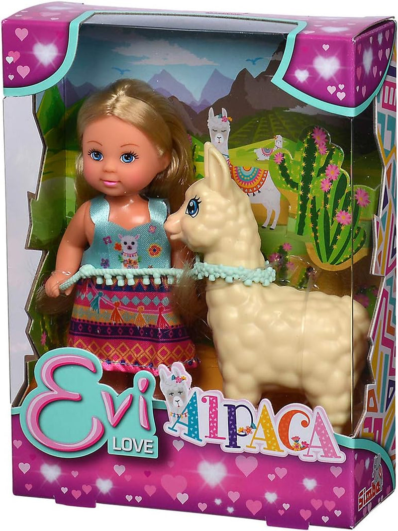 Simba 105733497 - Evi Love Doll i sødt alpaka-outfit og snor, 12 cm, til børn fra 3 år og opefter