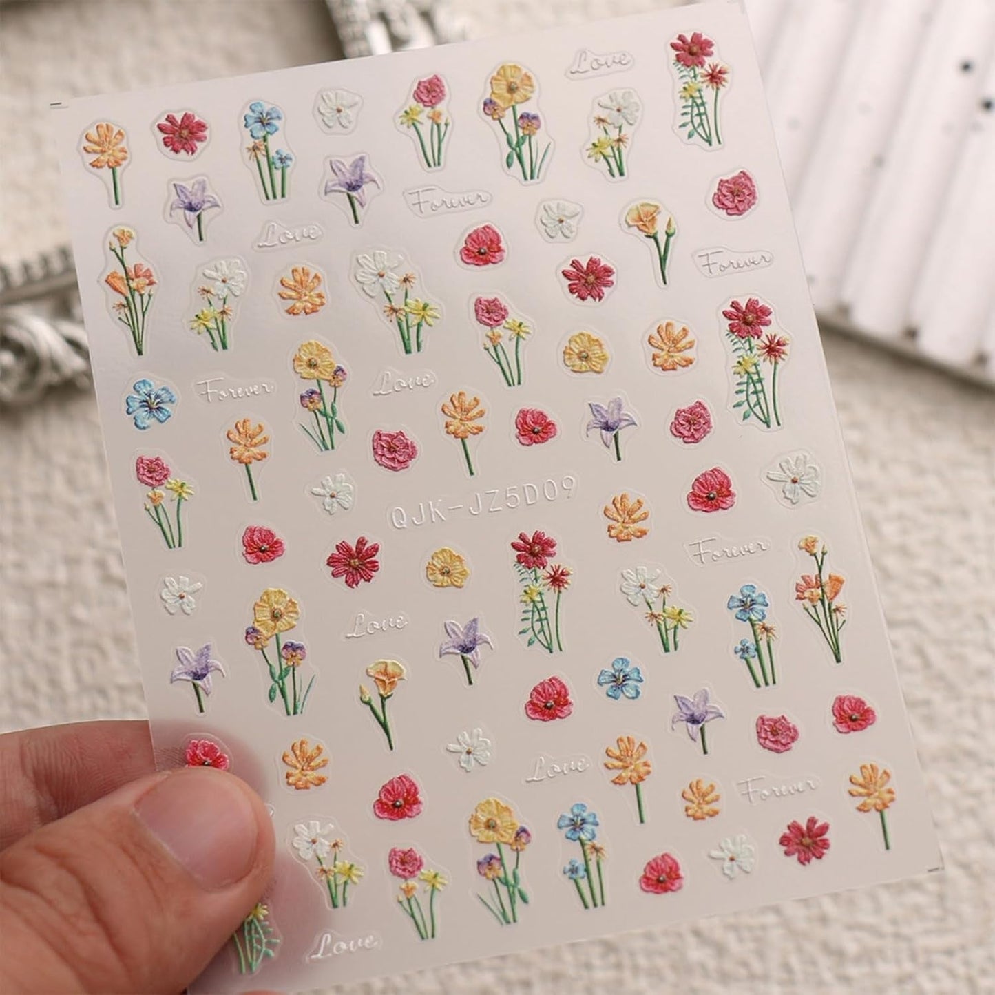 JMEOWIO 3D Nagelsticker Blumen Nail Art Sticker Selbstklebend Nagelaufkleber 5D Stereoskopisk Frühling Sommer Blumen Dekoration Nageldesign Zubehör 4 Blatt