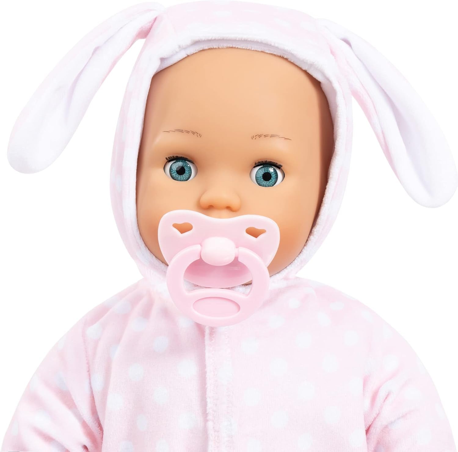 Bayer Design 93822AA Babypuppe Anna, spricht 24 Babylaute, weicher Körper, Schlafaugen, Schnuller, Flasche, 38 cm, rosa, Lille