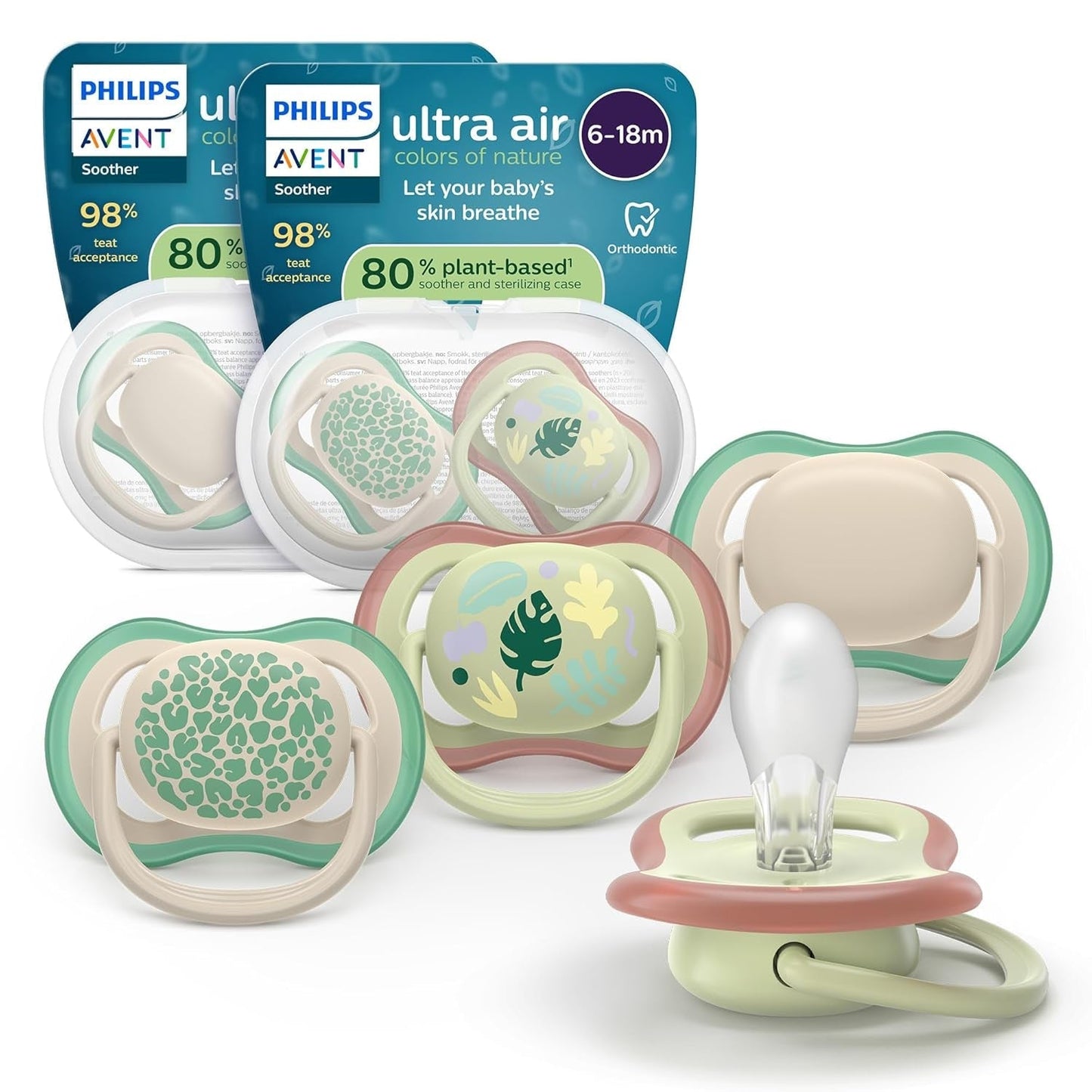 Philips AVENT ultraluftsutter - pakke med 4 BPA-fri, åndbare sutter til babyer 6-18 måneder, inklusive bæretaske og sterilisering, skildpadde/hvalmønster (model SCF085/66)
