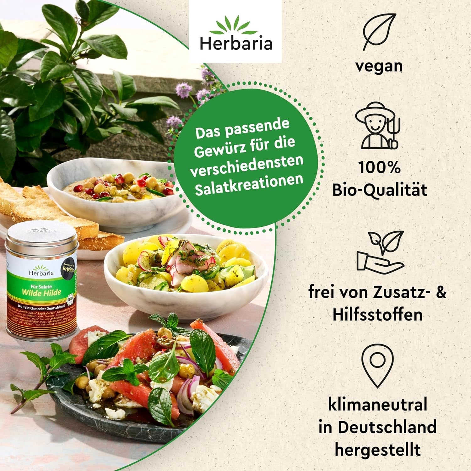 Herbaria Wilde Hilde bio 100g M-Dose-fertige Bio-Gewürzmischung - Saladgewürz für ausgefeilte Salade - mit erlesenen Ingrediens - i nachhaltiger Aromaschutz-Dose