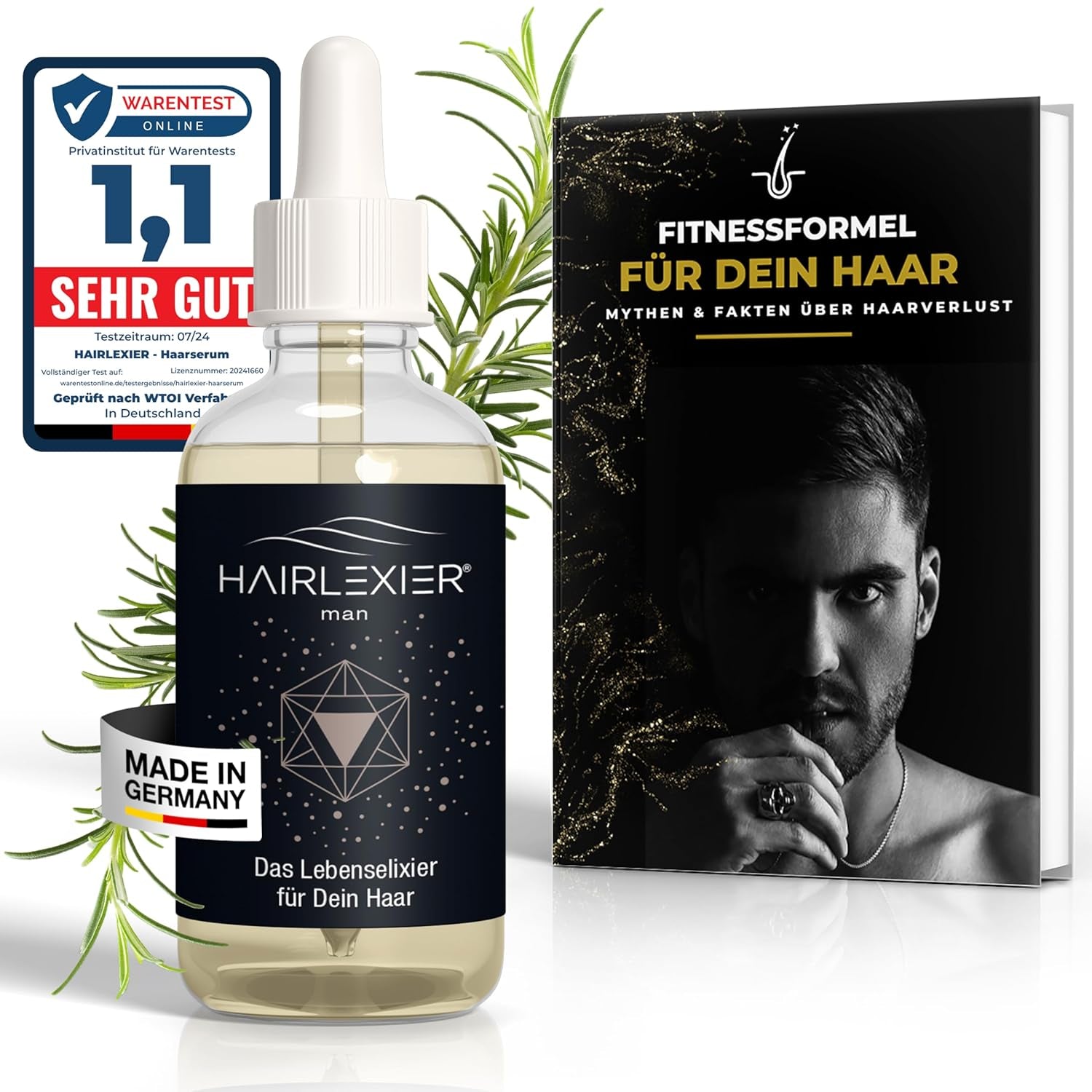 Hairlexier hårvækstmiddel til kvinder - rosmarin hårolie, ricinusolie hårolie, lavendelolie, naturligt hårserum mod diffust hårtab, understøtter hårvækst, vegansk og økologisk + arbejdsbog Hårpleje Naty Shop Mænd