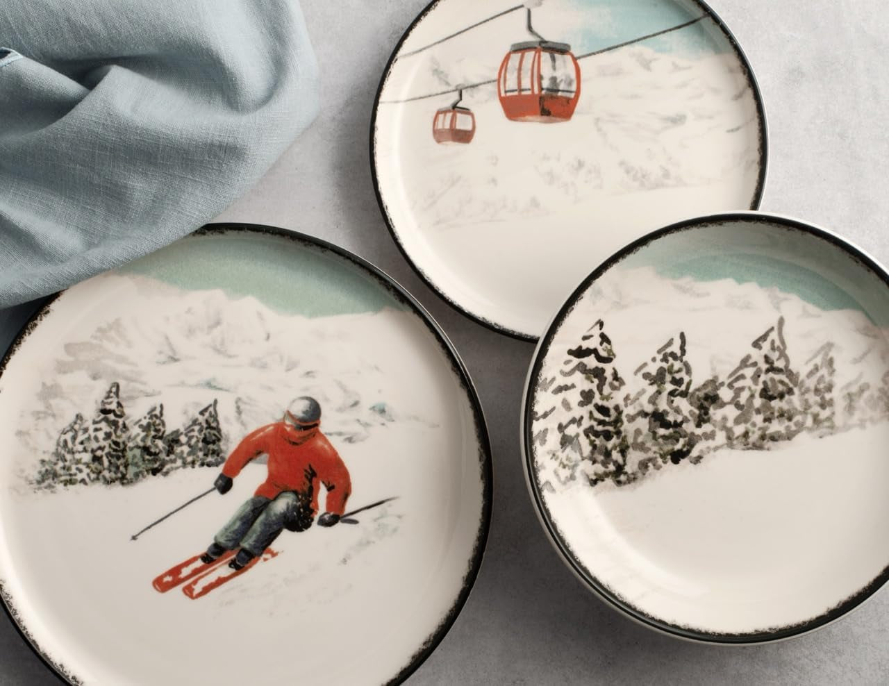 Winter Escape 12-delt julestel i stentøj - Nordic Winter Skier Design - Tåler opvaskemaskine og mikroovn