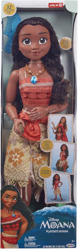 Disney Princess Vaiana, 80 cm stor Spielpuppe von Jakks Pacific, bewegliche Puppe, mit Bürste zum Kämmen ihrer wellligen Locken, vom Film inspireret Kleid, abnehmbare Halskette mit Anhänger