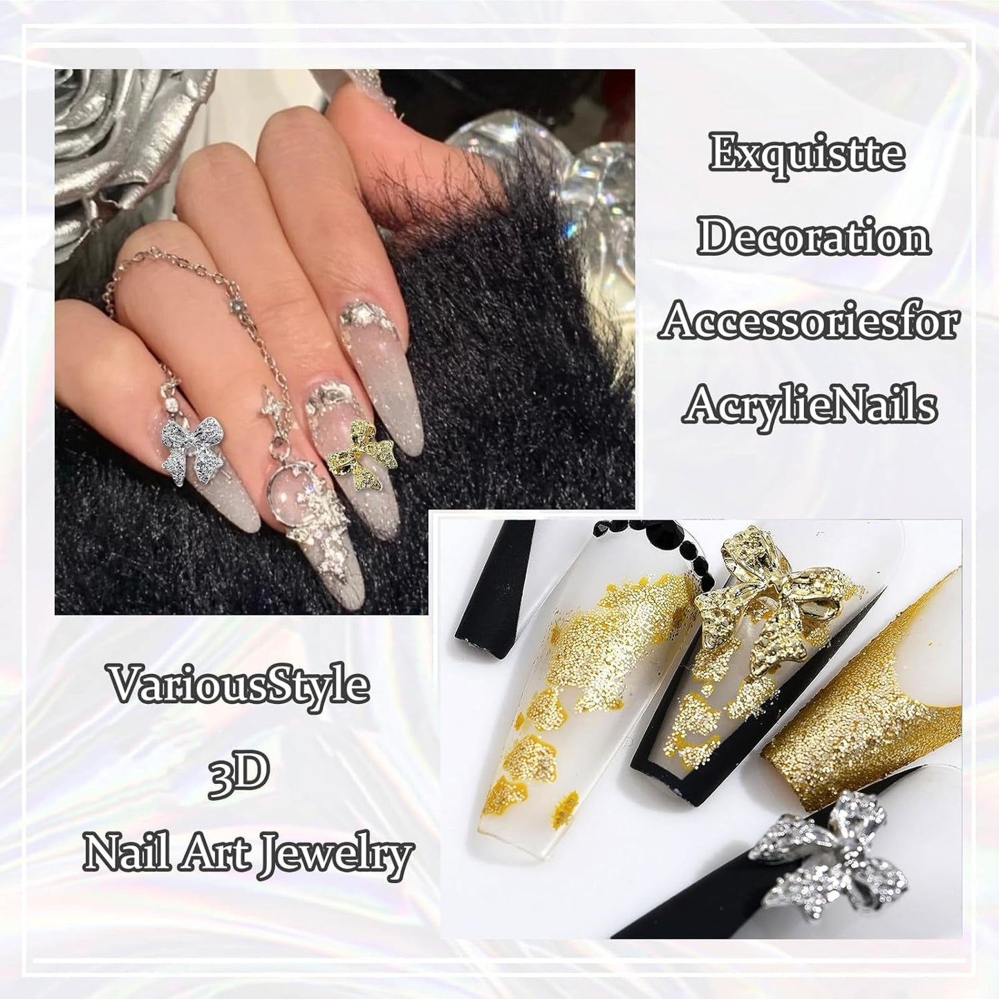 30 stk metal neglesløjfer, guld sølvgrå sløjfer, negletilbehør, negledekorationer til kvinder og piger, nail art design
