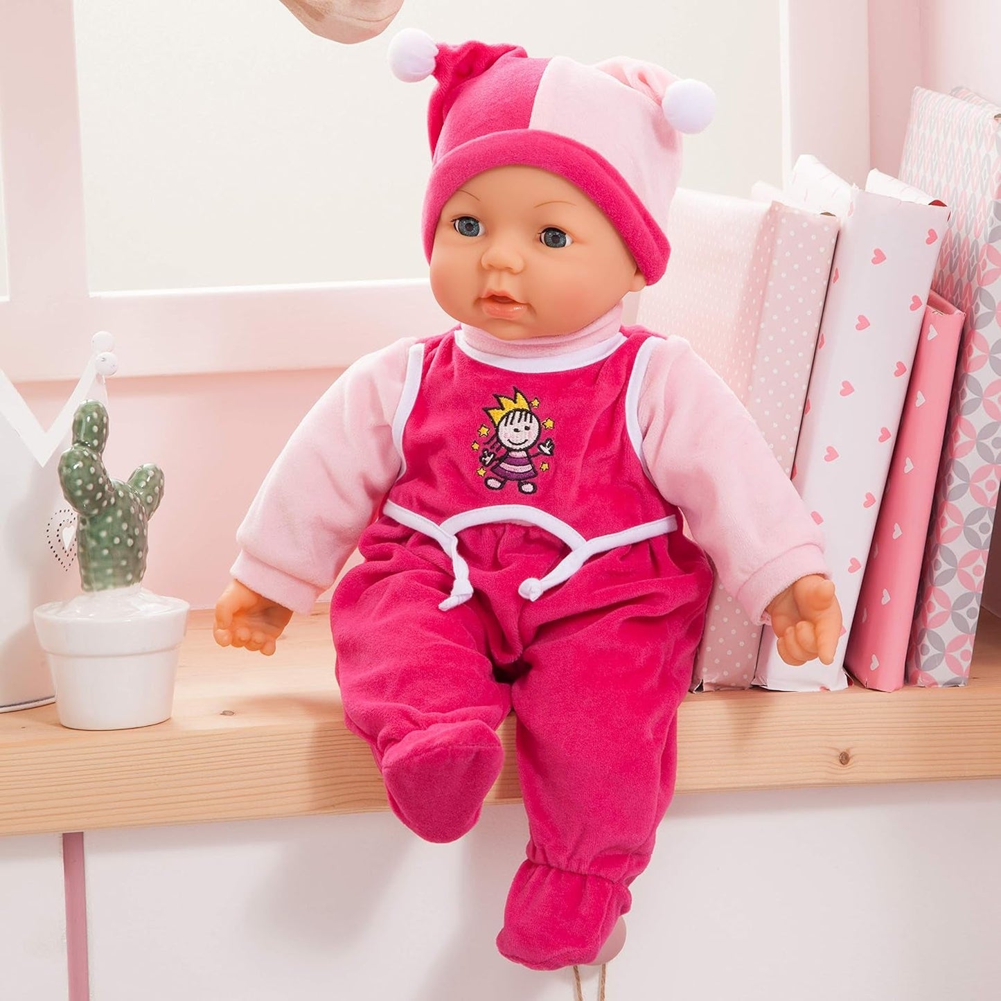 Funktionspuppe Hello Baby mit Geräuschen, bewegt den Mund, interaktiv Puppe, Babypuppe, med Tilbehør, 46cm, pink