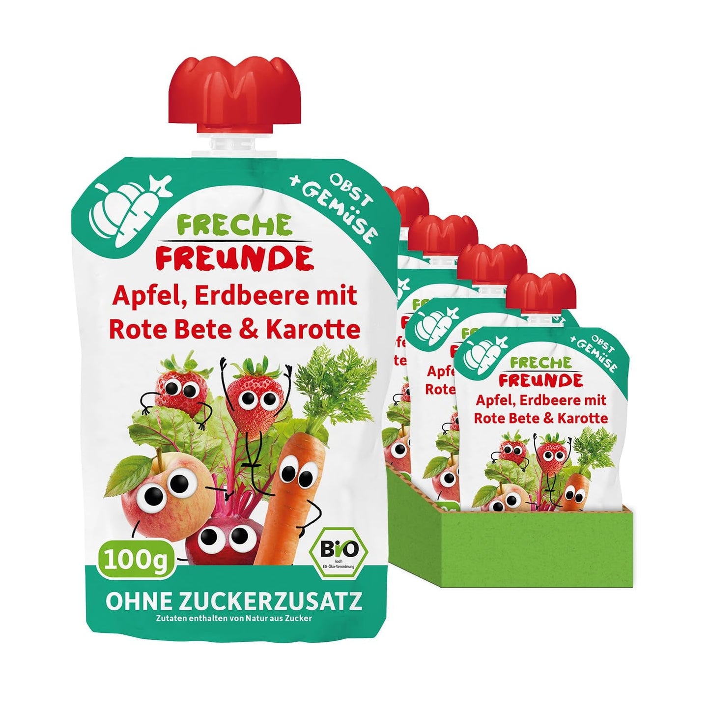 FRECHE FREUNDE Økologisk frugtpose, der kan presses sammen med æbler, jordbær, rødbeder og gulerod, frugt- og grøntsagspuré i en pressepose til babyer fra 6 måneder, vegansk, pakke med 6 (6 x 100 g)