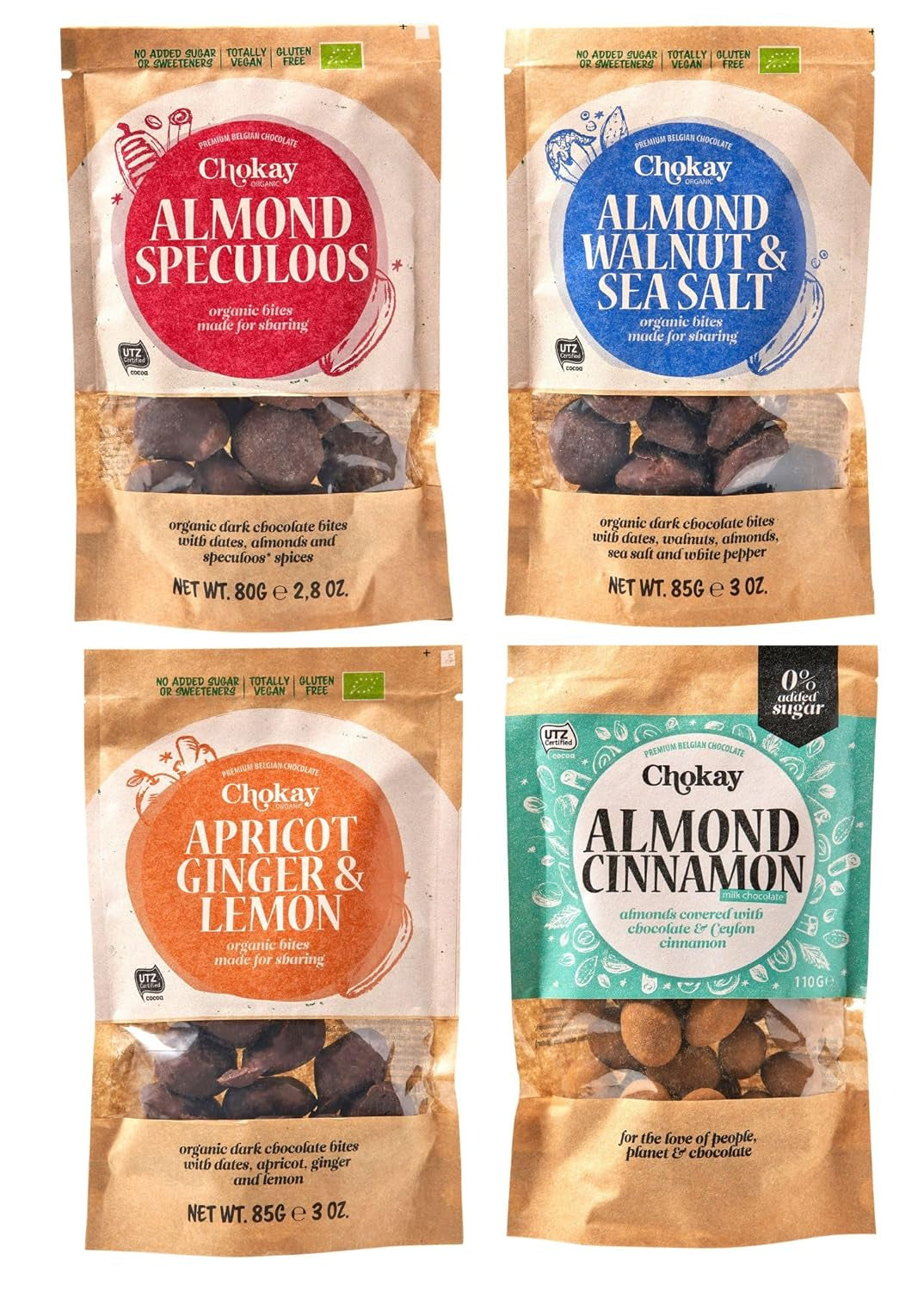 Sæt med 4 økologiske bid - kanelmandler/kanelmandler i belgisk mørk chokolade/ingen tilsat sukker, ingen sødemidler/VEGAN & FAIR TRADE / 4 x 85g