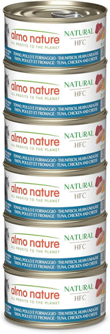 Almo Nature HFC Natural - Vådfoder til voksne katte - Tun, Kylling og Ost - Menneskelig kvalitet, Glutenfri - 6 x 70g