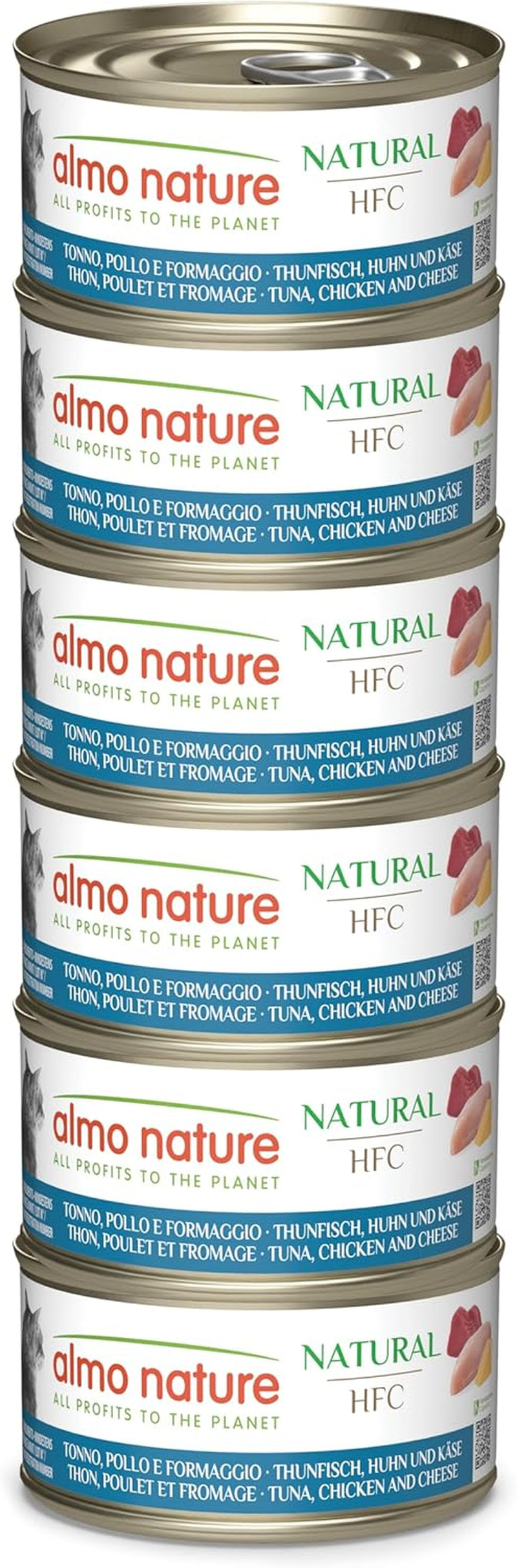 Almo Nature HFC Natural - Vådfoder til voksne katte - Tun, Kylling og Ost - Menneskelig kvalitet, Glutenfri - 6 x 70g