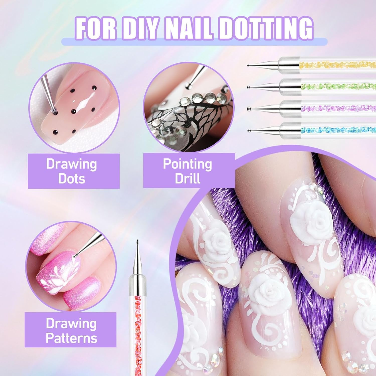 Sularpek 6 Stück Nagel Pinsel, Nail Art Pinsel, Pinsel Nageldesign, Nagel Pinsel Set, Nail Art Dotting Tools med 1 svampebørste applikator, Nageldesign Tilbehør til DIY Nail Art Design