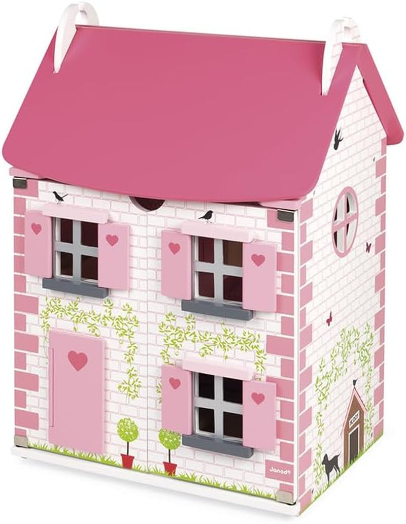 Janod - Mademoiselle dukkehus i træ, 3 etager og 11 tilbehør, kopilegetøj, udvikler fantasi, i alderen 3+, J06581, Pink Naty Shop dukkehuse