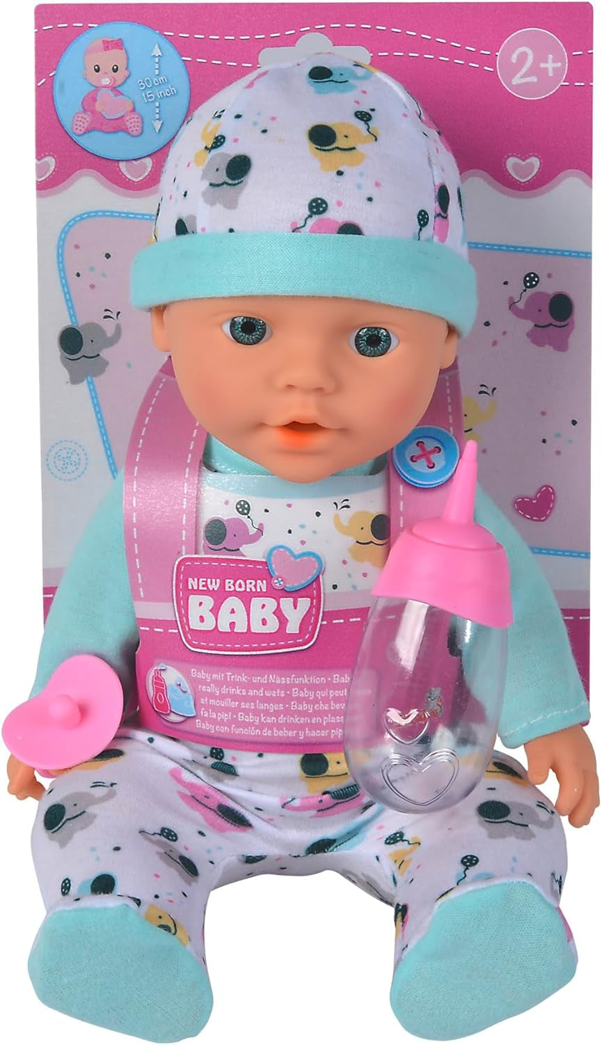 30 cm nyfødt vinylelefant babydukke med drikke- og vandingsfunktion, flaske og sut, 2 år og opefter