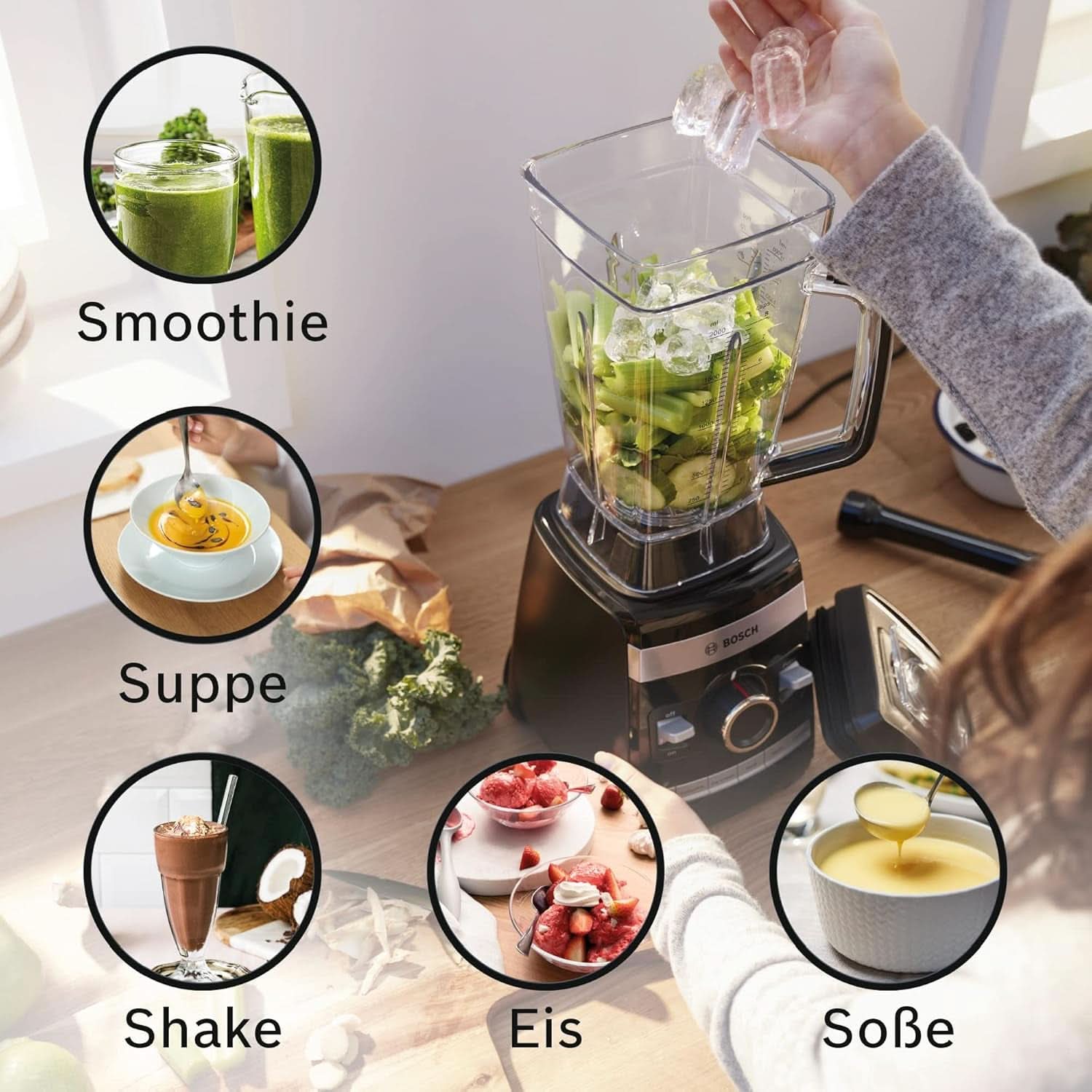 Bosch Standmixer Vitaboost MMBH6P6BDE, 6-Klingen-Edelstahlmesser, 2.5L Tritan-Mixbehälter, Stopfer, 6 Automatikprogram, Rezeptbuch, Bpa-Frei, Einfache Reinigung, 45.000 U/Min, 1600 W, Schwarz Bucatarie Naty Shop