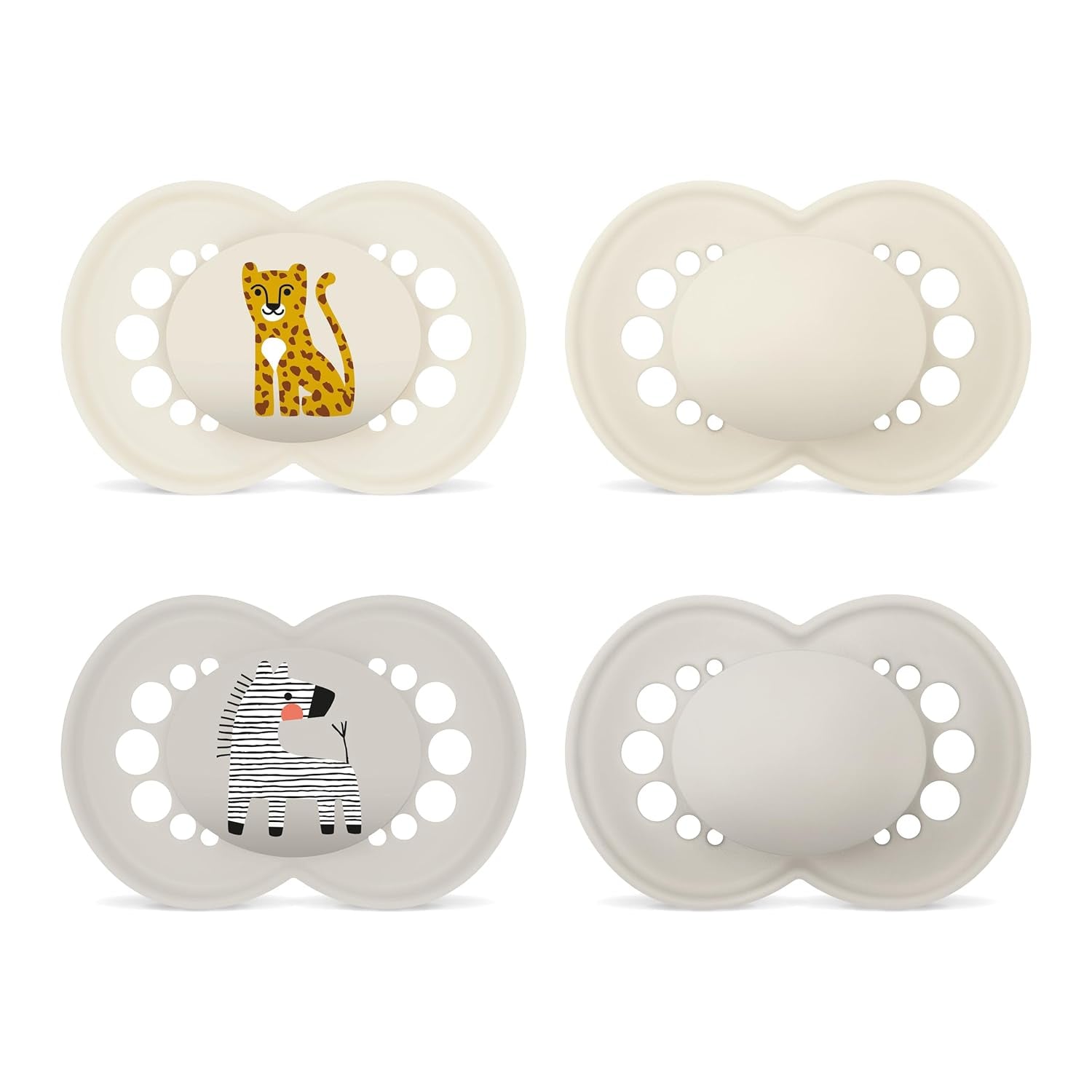 Originale MAM sutter | 6-16 Luni | Suttesæt til baby og småbørn | Accept 94% | Hjælper med at forhindre uønsket tandjustering | SkinSoft silikone suttesutter | Leopard/Zebra | Pakke med 4