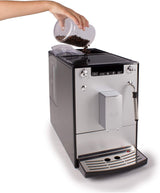 Melitta Solo & Milk - fuldautomatisk slim kaffemaskine med mælkeskummer, kaffemaskine med aftagelig vandtank, f.eks. kaffe eller cappuccino, sølv