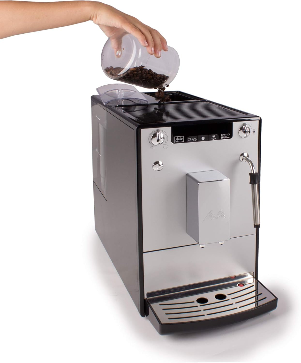 Melitta Solo & Milk - fuldautomatisk slim kaffemaskine med mælkeskummer, kaffemaskine med aftagelig vandtank, f.eks. kaffe eller cappuccino, sølv