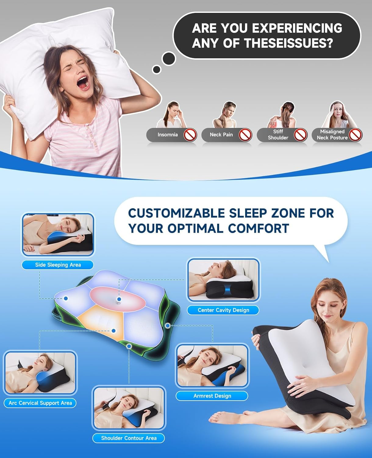 SUPA MODERN Memory Foam Pude Side Sleeper Kølepude 60X40 Ortopædisk Bagside Mave Nakke Smertelindring Nakkepude Ortopædiske Cervikal Puder Naty Shop