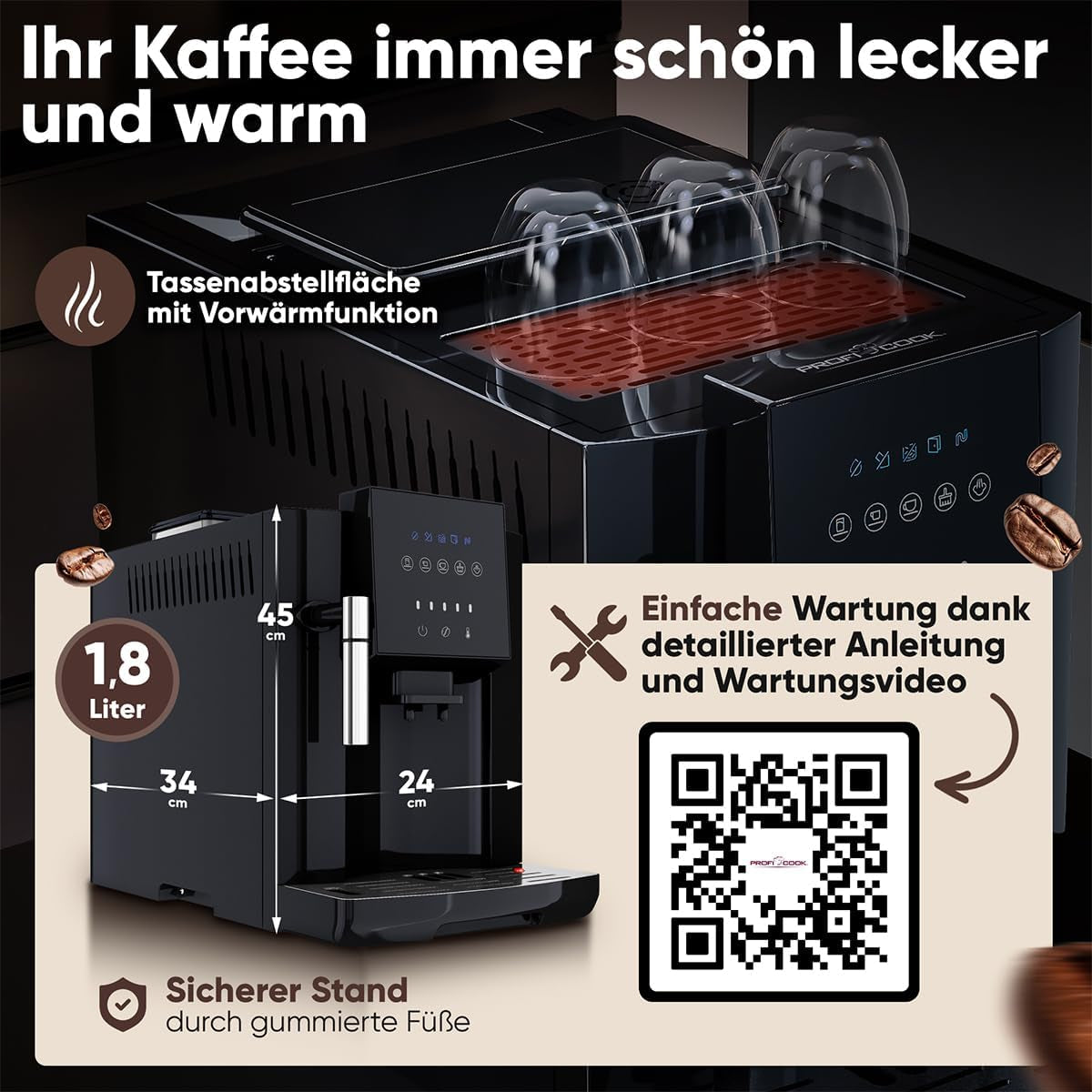 Fuldautomatisk ProfiCook® espressomaskine med mælkeskummer til cappuccino | Konisk kværn | med kopvarmefunktion | Italiensk professionel pumpe | Touchskærm | Espresso | PC KAV 1281