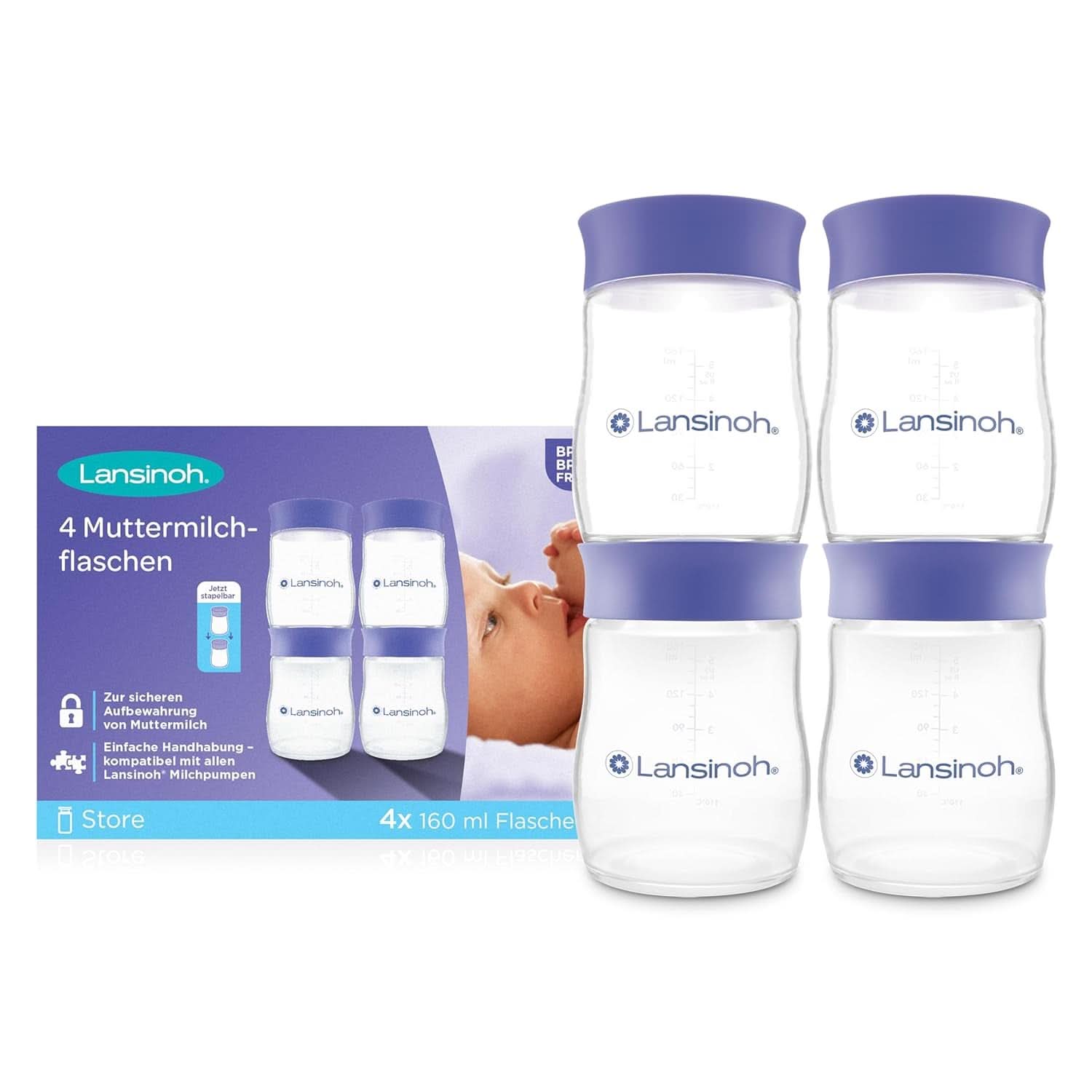 Lansinoh Muttermilchflaschen, 4 X 160 Ml - Zur Sicheren Muttermilch Austellungen - Neues Kompaktes Design Für Verbesserte Stabilität - Mit Stapelbarem Deckel Tilbehør Mad og amning Bebe Naty Shop
