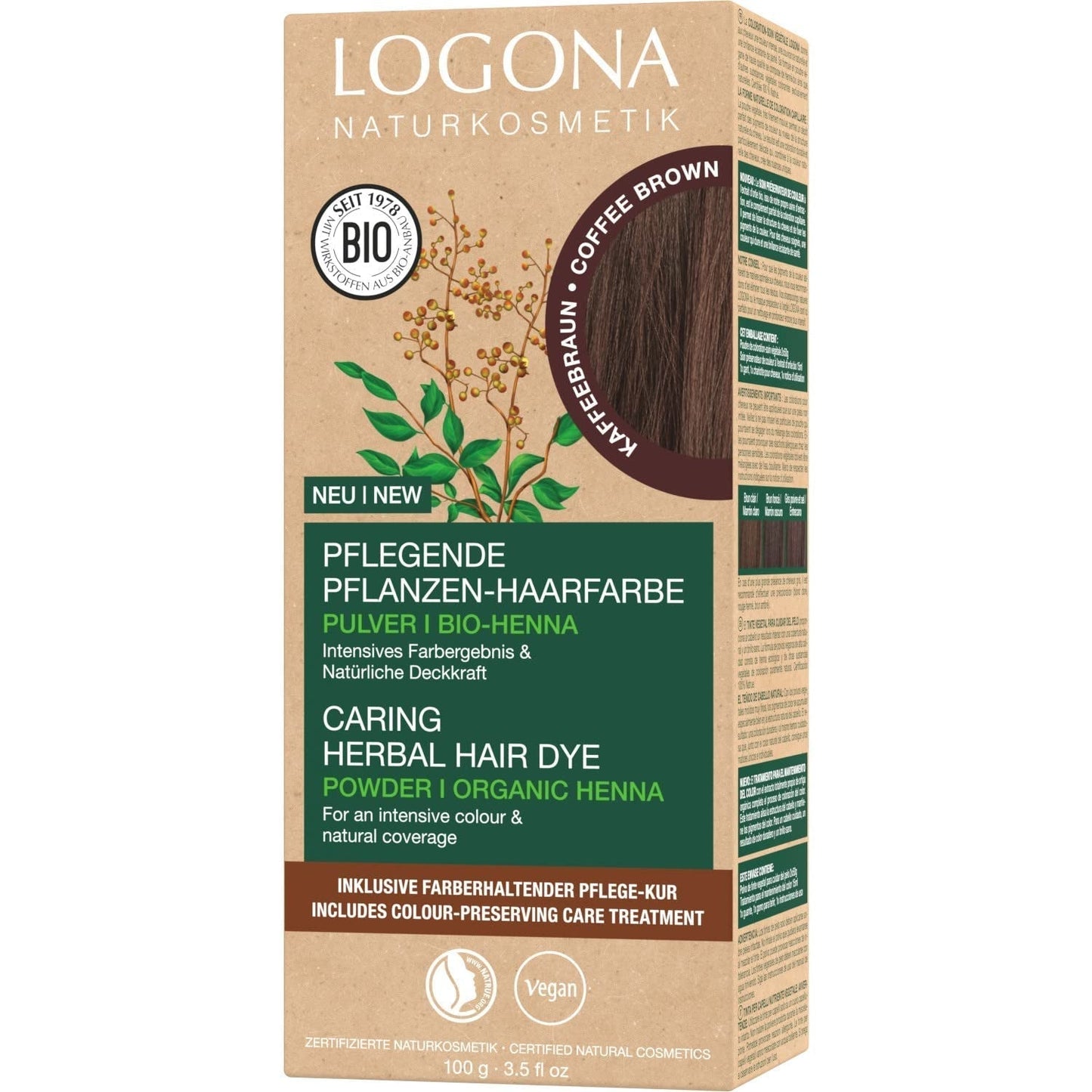 LOGONA Natural Cosmetics Urteplejende hårfarve, økologisk hennapulver Vegansk hårfarve for intens farve og glans, urtefarve i kobberblond (blond), 1 x 100 g Naty Shop Coffee Brown Hårfarve 100G (1 pakke)