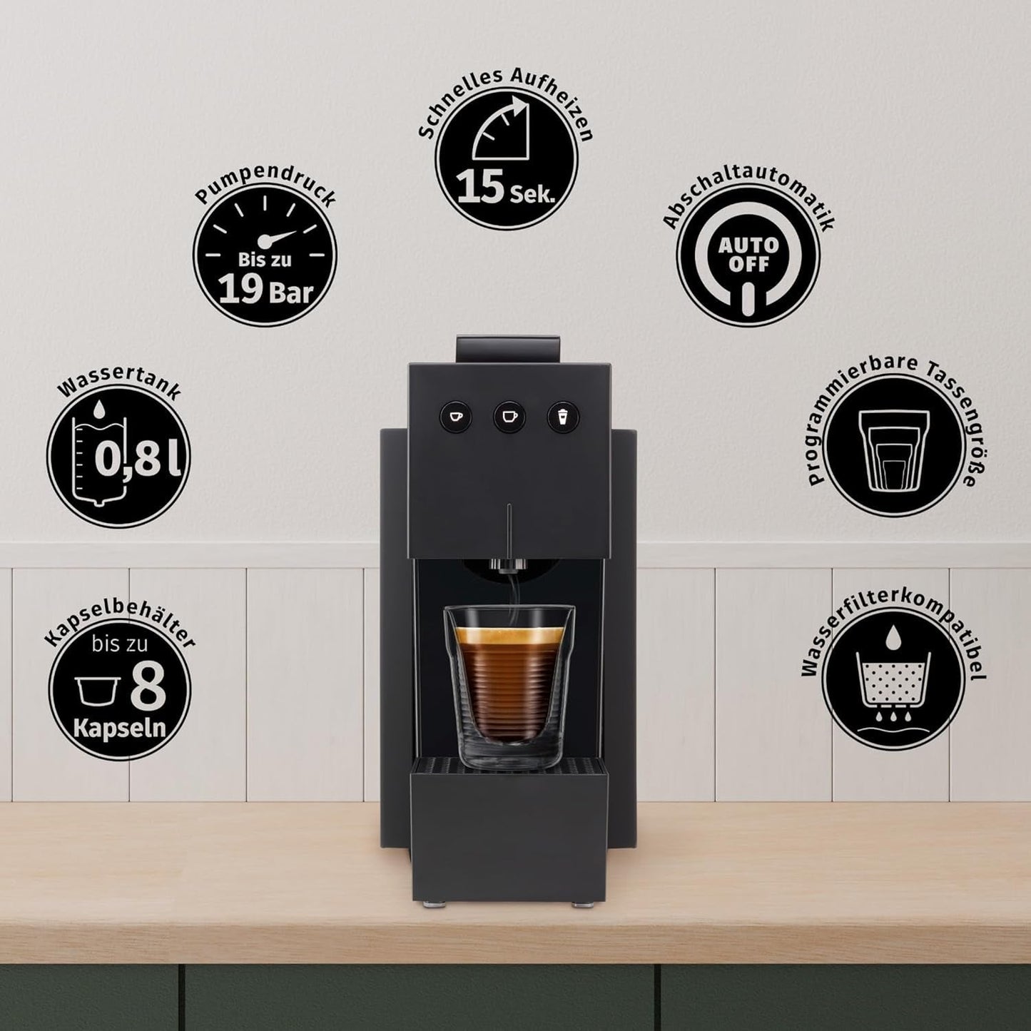 Espressomaskine med K-FEE SQUARE kapsler til kaffe, te og kakao | Kompakt espresso | Hurtig opvarmning | 0,8 l vandtank | 19 takter | Klaver sort