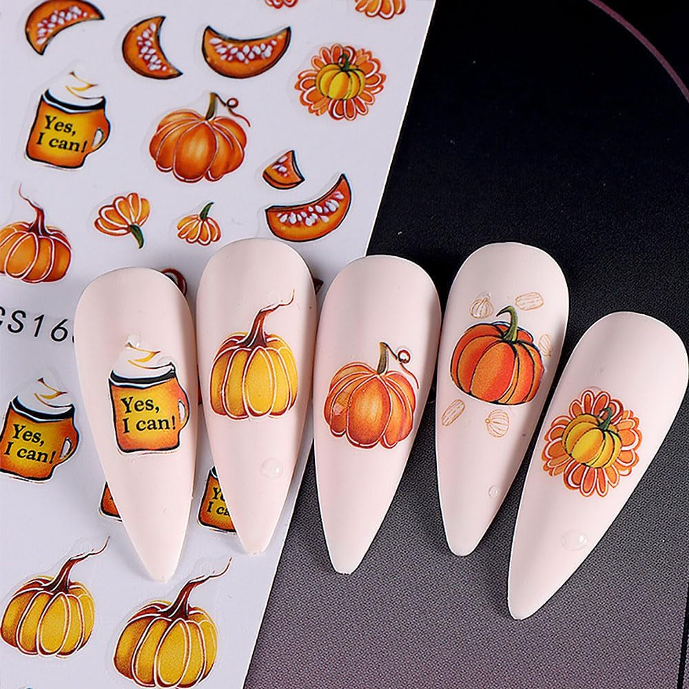 3D Autumn Nail Stickers Græskarblade Negle Stickers Geometrisk linje Blomster Negle Stickers Thanksgiving Day Design Negle Stickers Efterår Pumpkin Nail Stickers Negletilbehør Negle Art