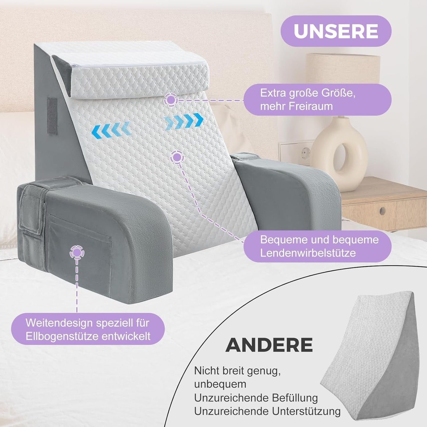 Stor læsepude med håndtag, skum med høj densitet, ergonomisk rygpude, armlæn, nakkestøtte og nakkestøtte, tilbagelænet sædepude til at sove, lege, se tv, til seng og sofa