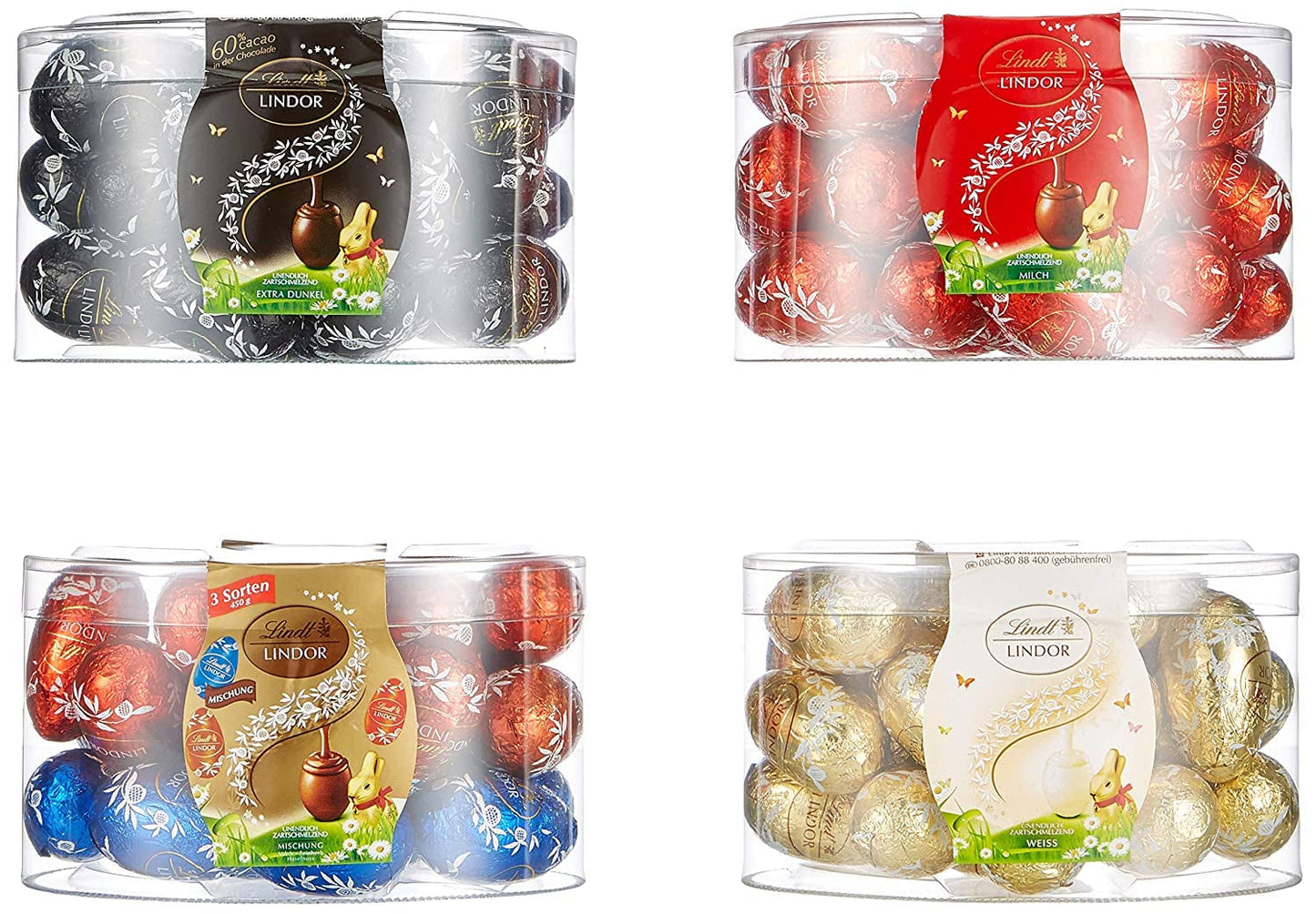 LINDOR æg med Lindt chokolade | 4 æsker á 450 g hver | LINDOR-æg med mælkechokolade, hvid, mørk og hasselnød, smeltet i munden | Påskechokolade | Gave af chokolade | påskeæg | Chokoladeæg