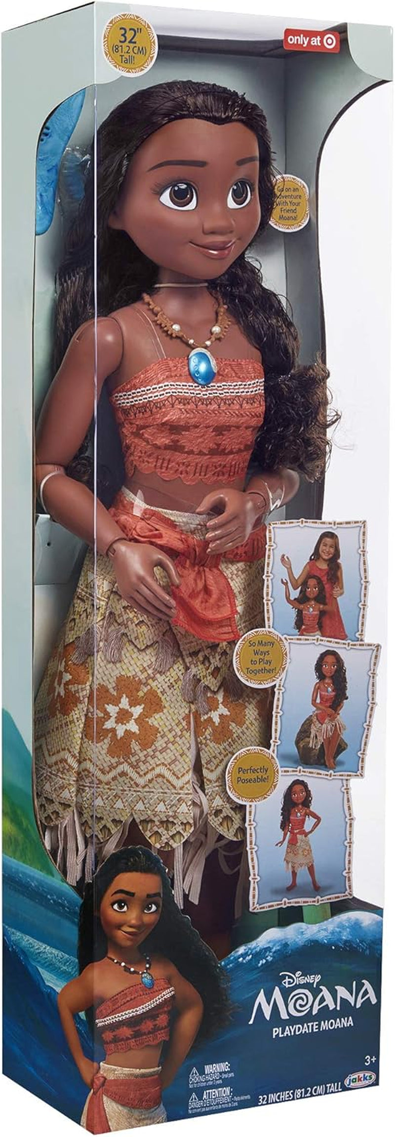 Disney Princess Vaiana, 80 cm stor Spielpuppe von Jakks Pacific, bewegliche Puppe, mit Bürste zum Kämmen ihrer wellligen Locken, vom Film inspireret Kleid, abnehmbare Halskette mit Anhänger