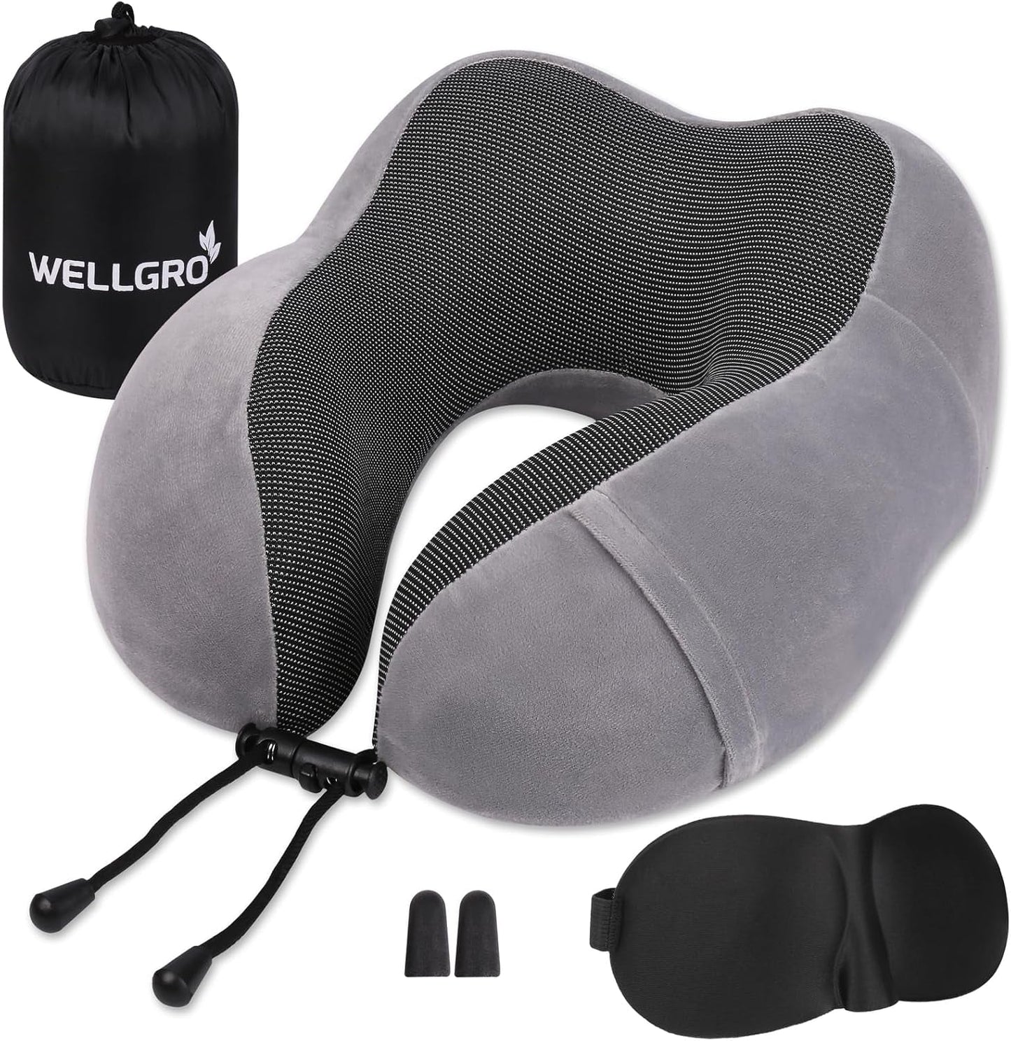 WELLGRO Nakkepudesæt med 3D-søvnmaske og ørepropper - Aftageligt betræk - Memory Foam - Lynlåslukning - Inklusiv opbevaringstaske - Rejsepude - Farvevalgbar, Farve:Grå Naty Shop Grå ortopædiske livmoderhalspuder