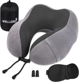 WELLGRO Nakkepudesæt med 3D-søvnmaske og ørepropper - Aftageligt betræk - Memory Foam - Lynlåslukning - Inklusiv opbevaringstaske - Rejsepude - Farvevalgbar, Farve:Grå Naty Shop Grå ortopædiske livmoderhalspuder