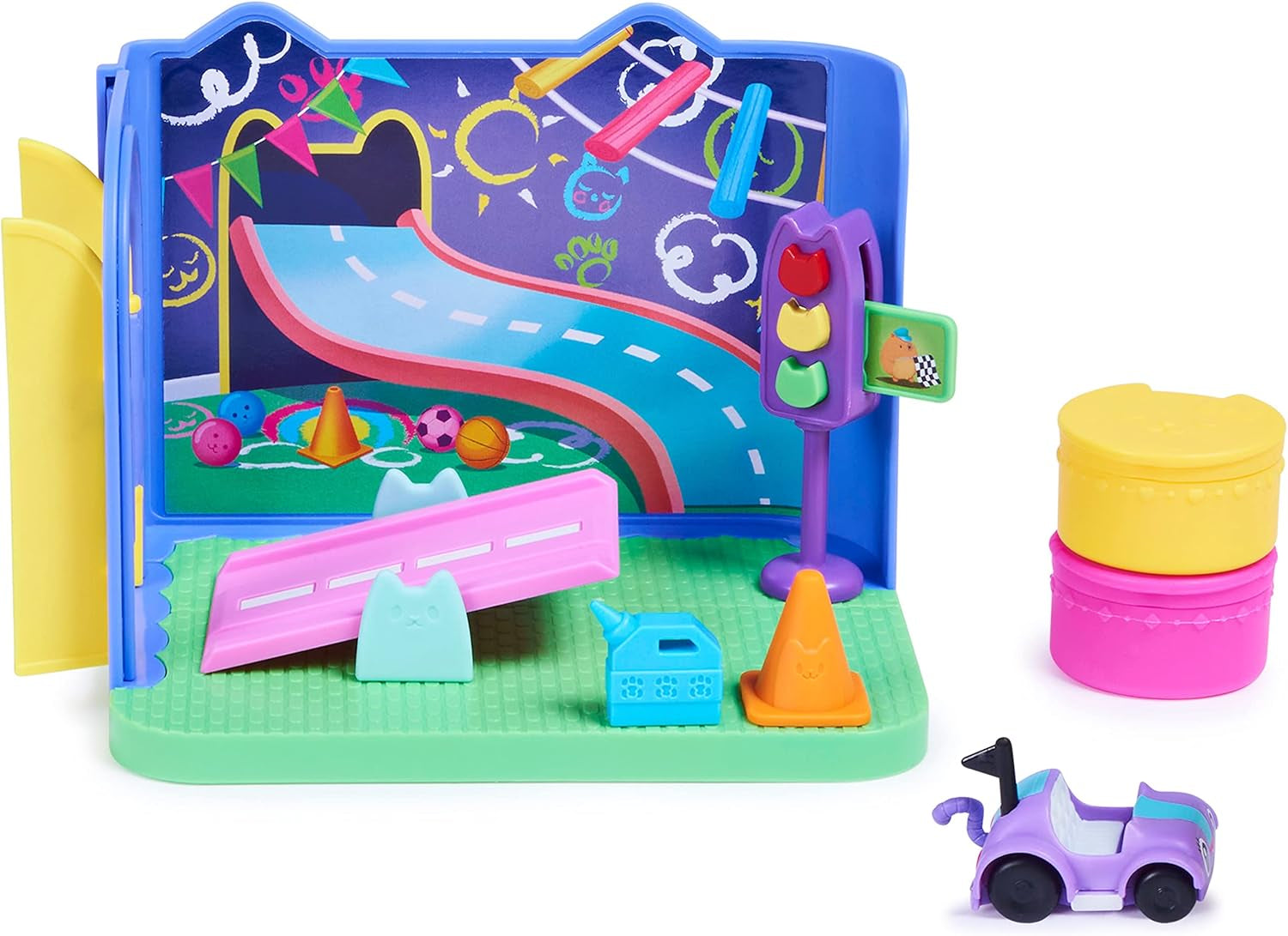 Gabby's Dollhouse Deluxe-værelse, Purr-Ific-legerum, legerum med Carlita-legetøjsbil, 2 møbler og 2 overraskelsesæsker med tilbehør, egnet til 3 år og opefter Naty Shop dukkehuse