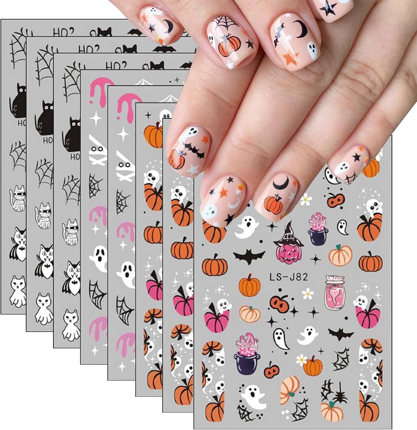 Nagelsticker Halloween, 8 Blätter Halloween Nagelsticker, Kürbis Nail Sticker, Nail Art, Nagel Charms, Nagel Zubehör, Nageldesign, Jul (Typ A)