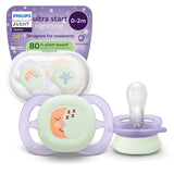 Philips AVENT Ultra Start natsut, ortodontisk sut til nyfødte, Glow in the Dark, BPA-fri, med steriliseringsbeholder, Twin Pack, Moon, Star, SCF075/07