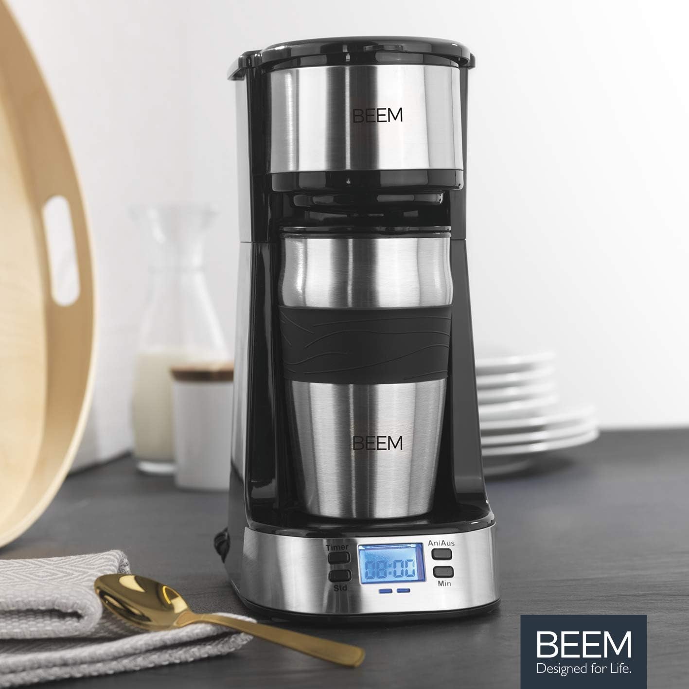 BEEM THERMO 2 GO enkeltfilter espressomaskine med 0,4 l termokop | Filtru permanent | Med 24-timers timer til en varm kop kaffe om morgenen, ingen ventetid | 750 W